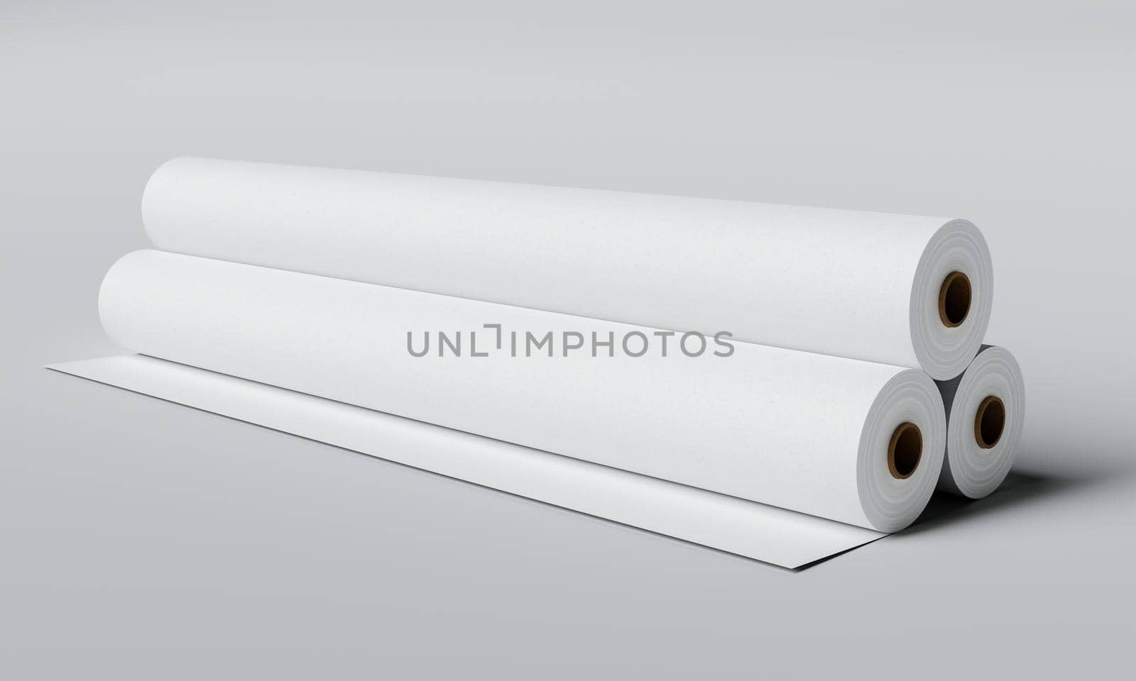 Three paper rolls on gray background. Object and industry concept. 3D illustration rendering by MiniStocker