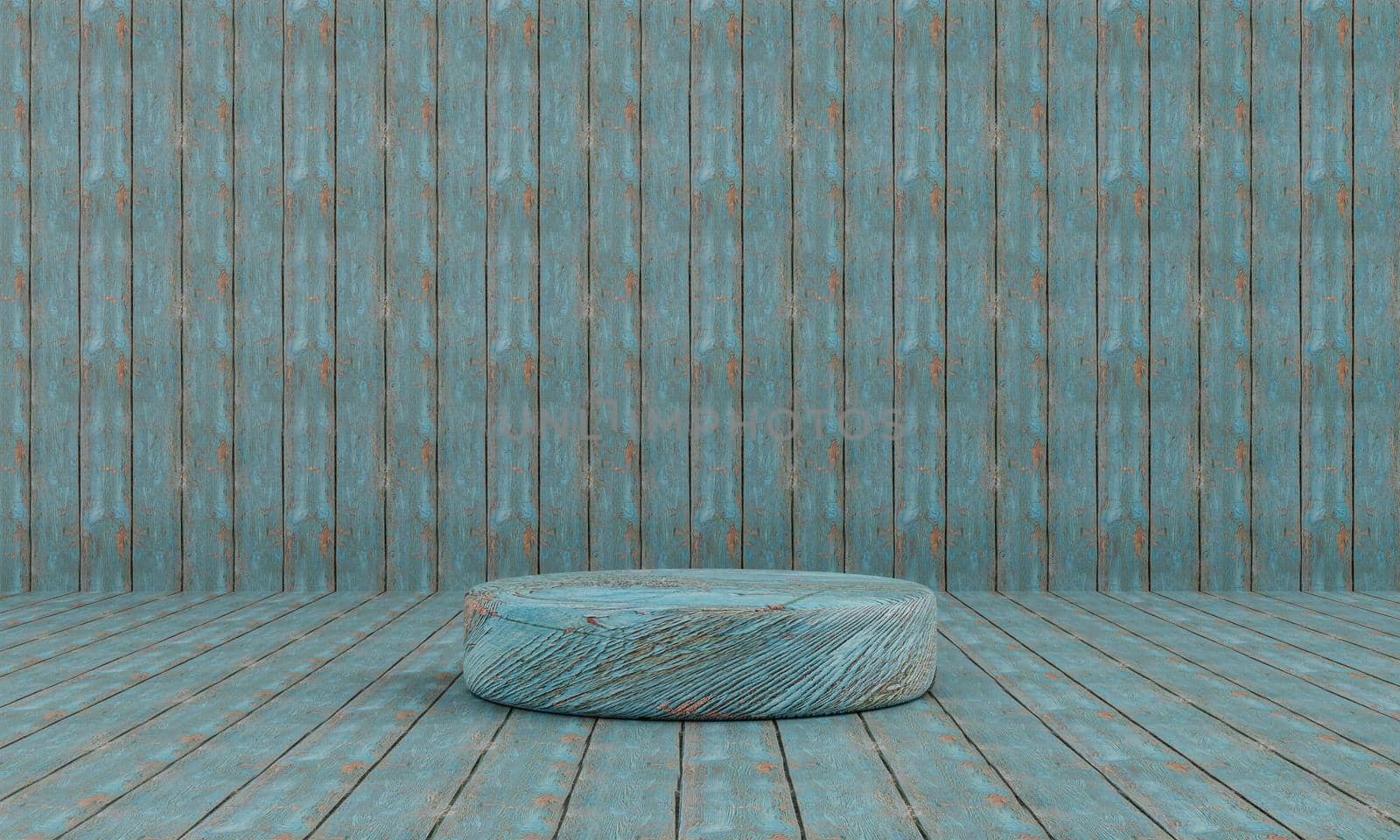Blue green grunged wooden podium background. Abstract and object for advertisement concept. 3D illustration rendering
