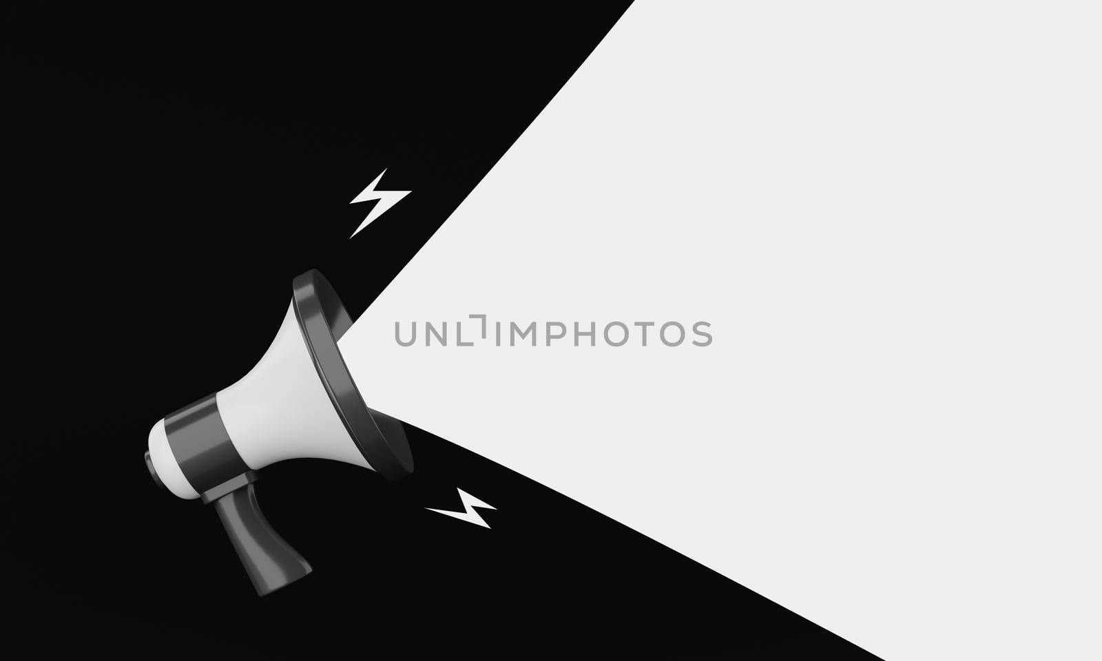 Black and white megaphone announcing white empty blank space message balloon on black background. Business and marketing concept. 3D illustration rendering by MiniStocker