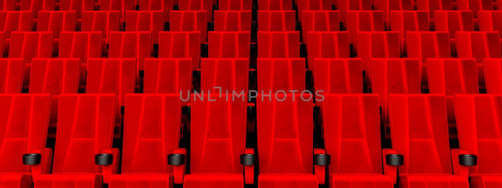 Rows of red velvet seats watching movies in the cinema with copy space banner background. Entertainment and Theater concept. 3D illustration rendering