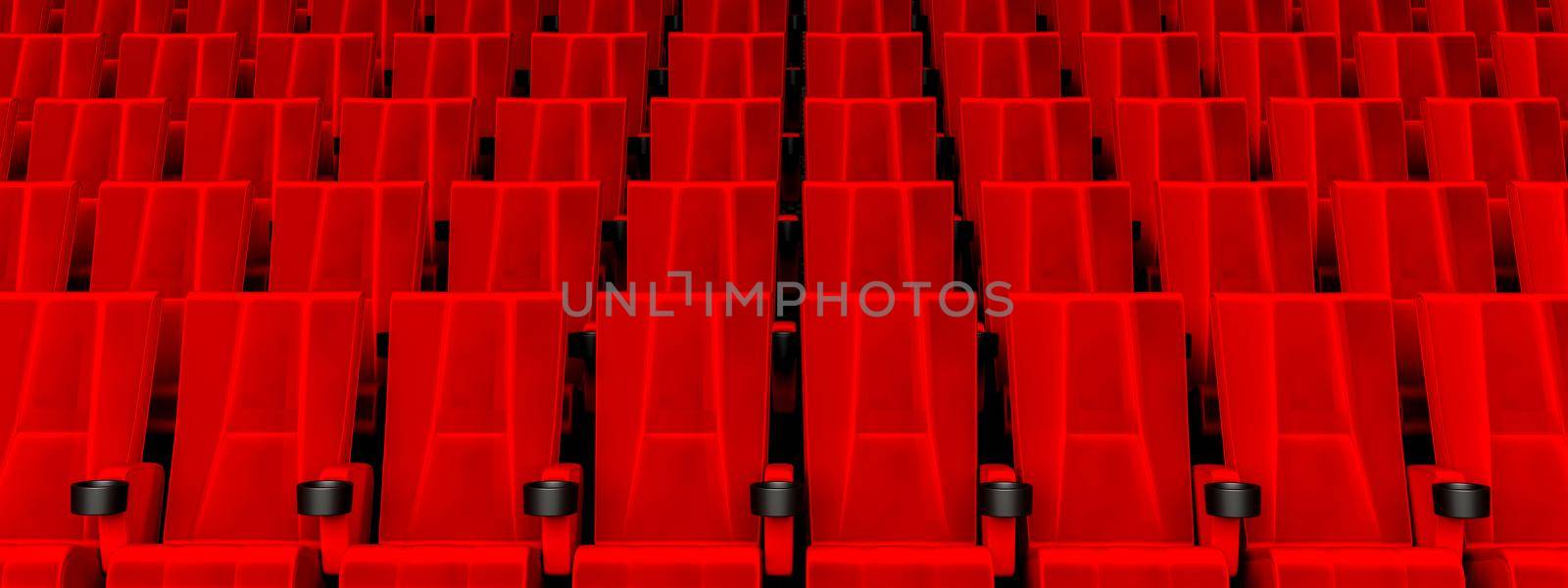 Rows of red velvet seats watching movies in the cinema with copy space banner background. Entertainment and Theater concept. 3D illustration rendering