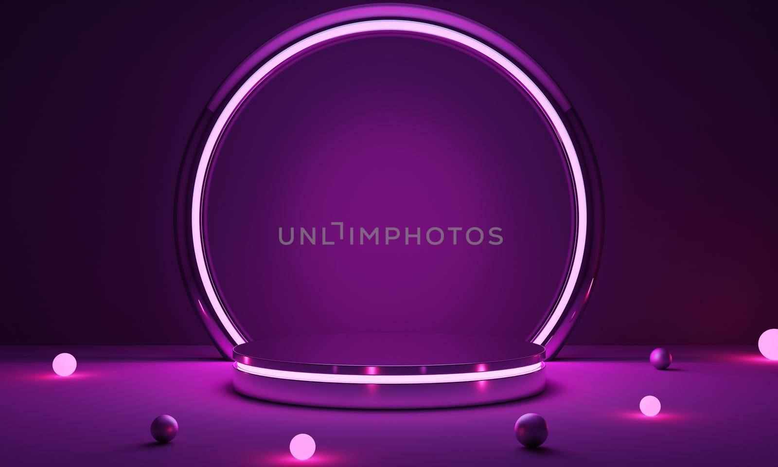 Cyberpunk pink empty podium with glowing lamp in the dark for product presentation. Technology and Sci-fi concept. 3D illustration rendering by MiniStocker