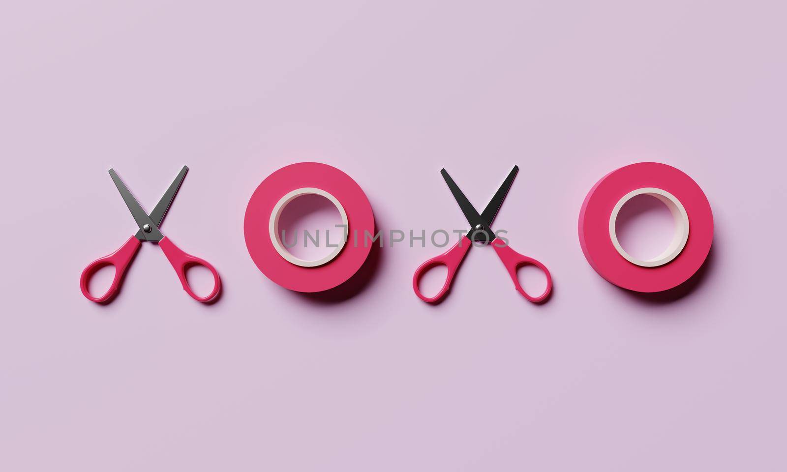 XOXO symbol is an abbreviation for hugs and kisses by scissors and ribbon tape on pink background. Love affection and Valentine's day concept. 3D illustration rendering by MiniStocker