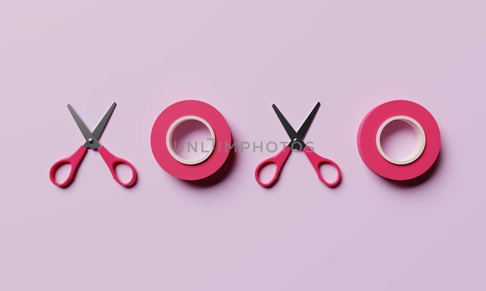 XOXO symbol is an abbreviation for hugs and kisses by scissors and ribbon tape on pink background. Love affection and Valentine's day concept. 3D illustration rendering