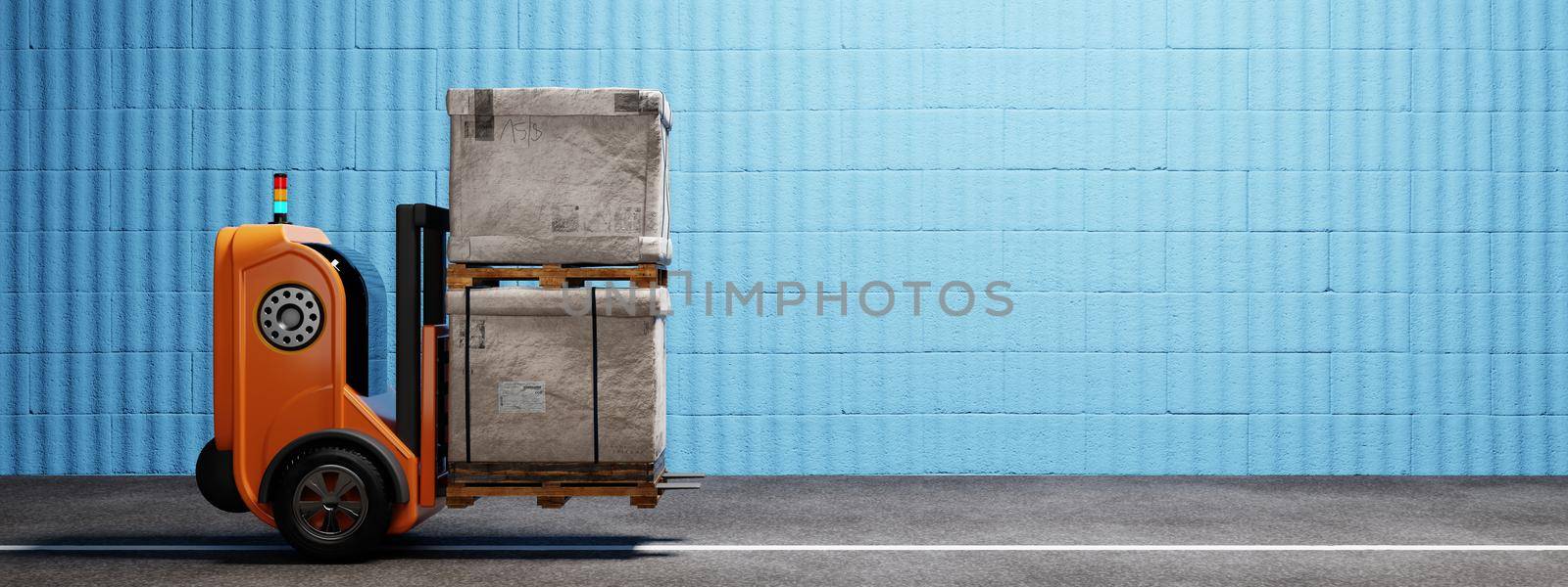 Driverless car forklift robot lifting and moving pallets cardboard box to storage room. Business industrial and production concept. and a 3D illustration rendering