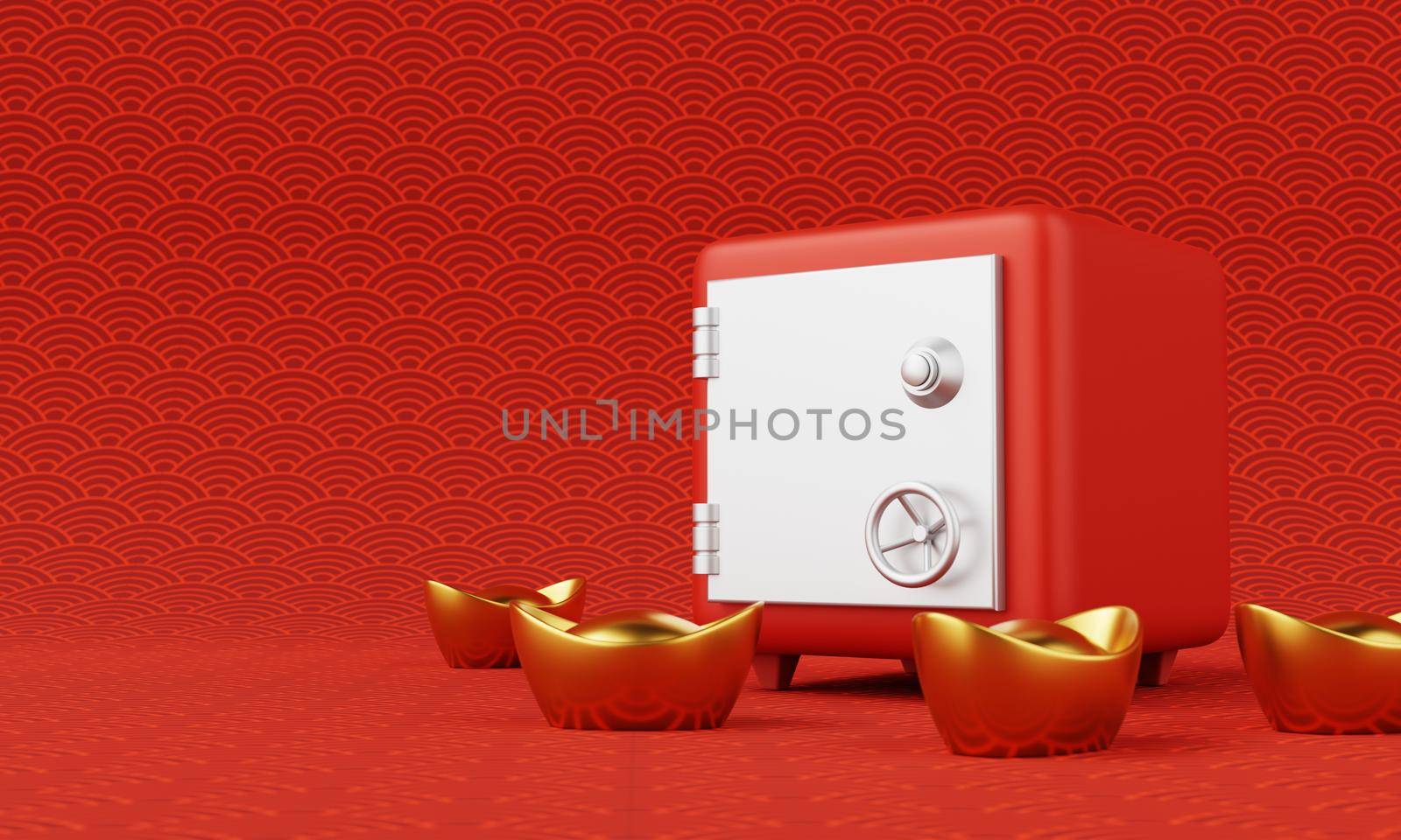 Safe box with Chinese gold ingot and Chinese culture pattern background. Chinese new year and Money savings security concept. 3D illustration rendering