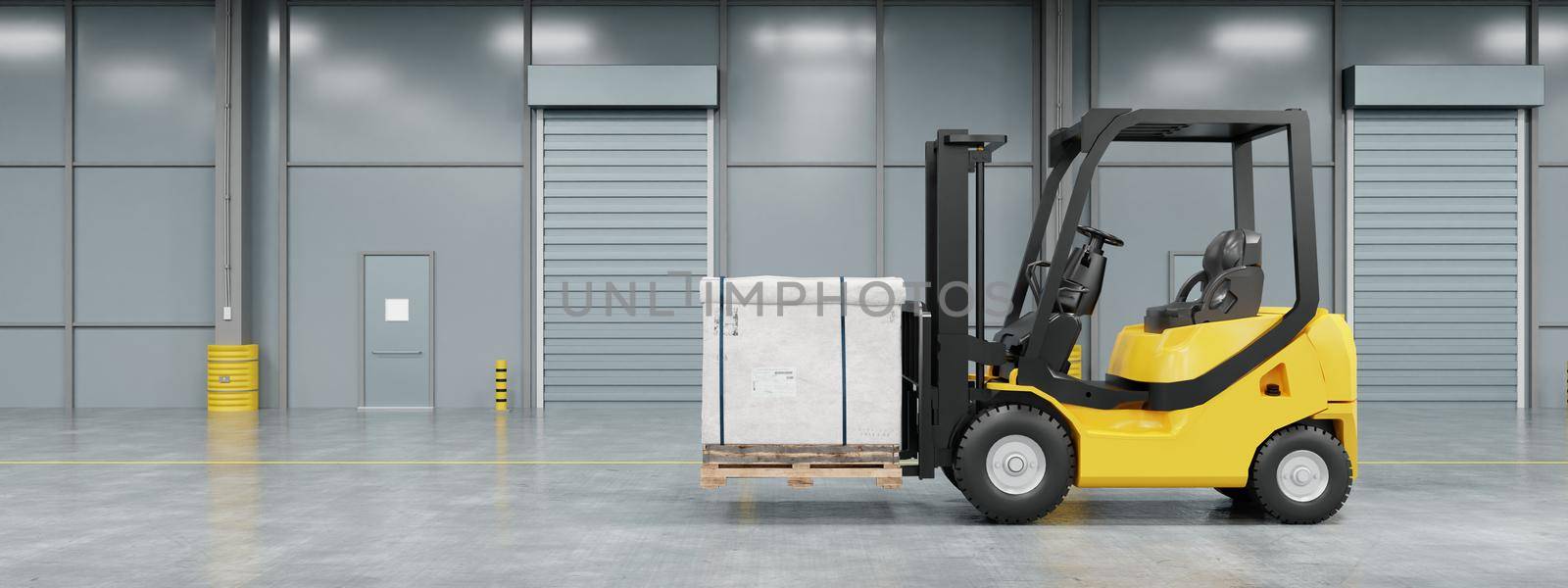 Forklift truck in warehouse moving and loading cardboard pallet box with copy space background. Industrial machine and business transportation concept. 3D illustration rendering by MiniStocker