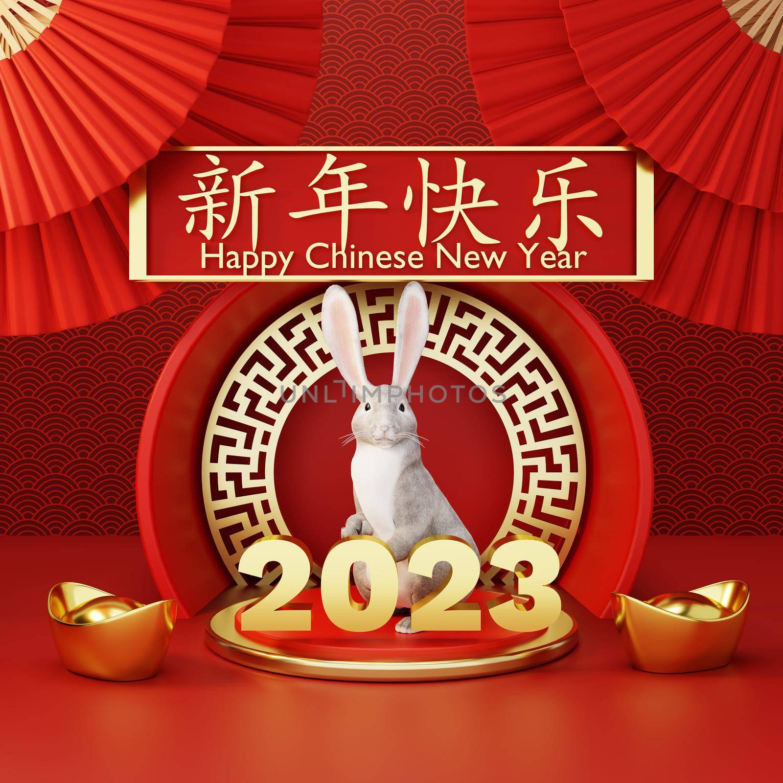 Chinese new year 2023 year of rabbit or bunny on red Chinese pattern with hand fan background. Holiday of Asian and traditional culture concept. 3D illustration rendering