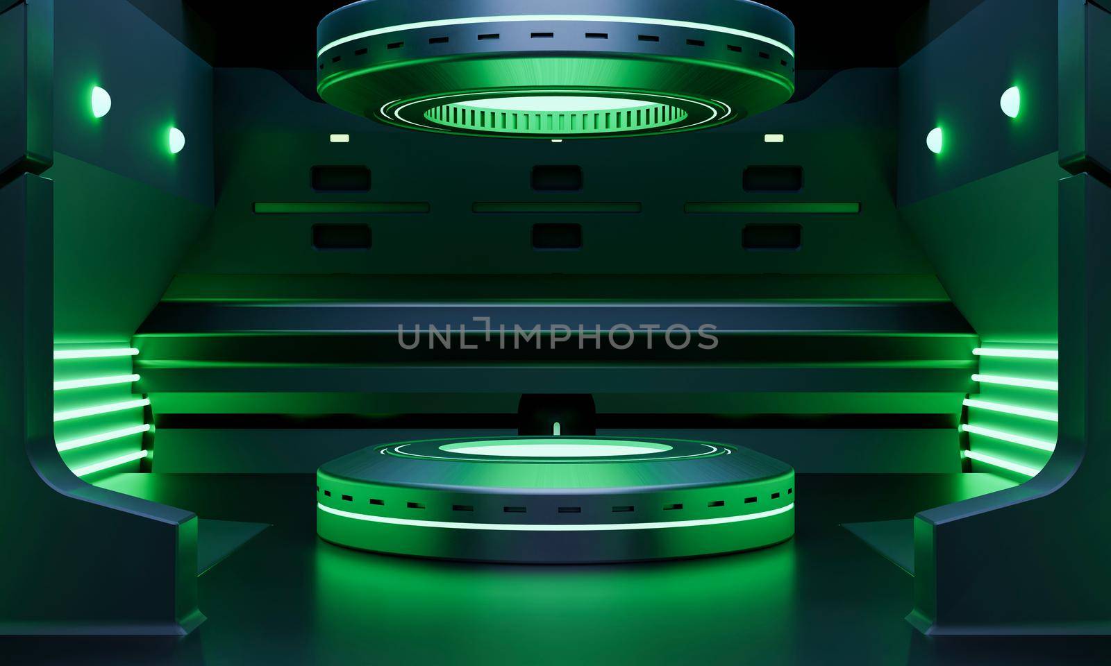 Cyberpunk sci-fi product podium showcase in spaceship with green neon lighting background. Technology and object concept. 3D illustration rendering