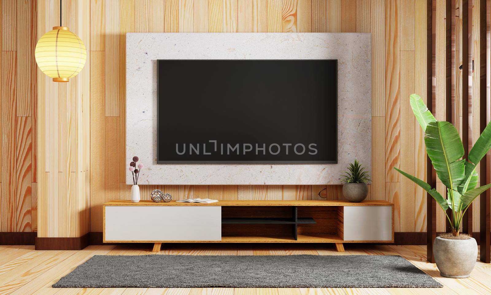 Japanese style modern living room with hanging mockup television tv on wall background. Interior and architecture concept. 3D illustration rendering
