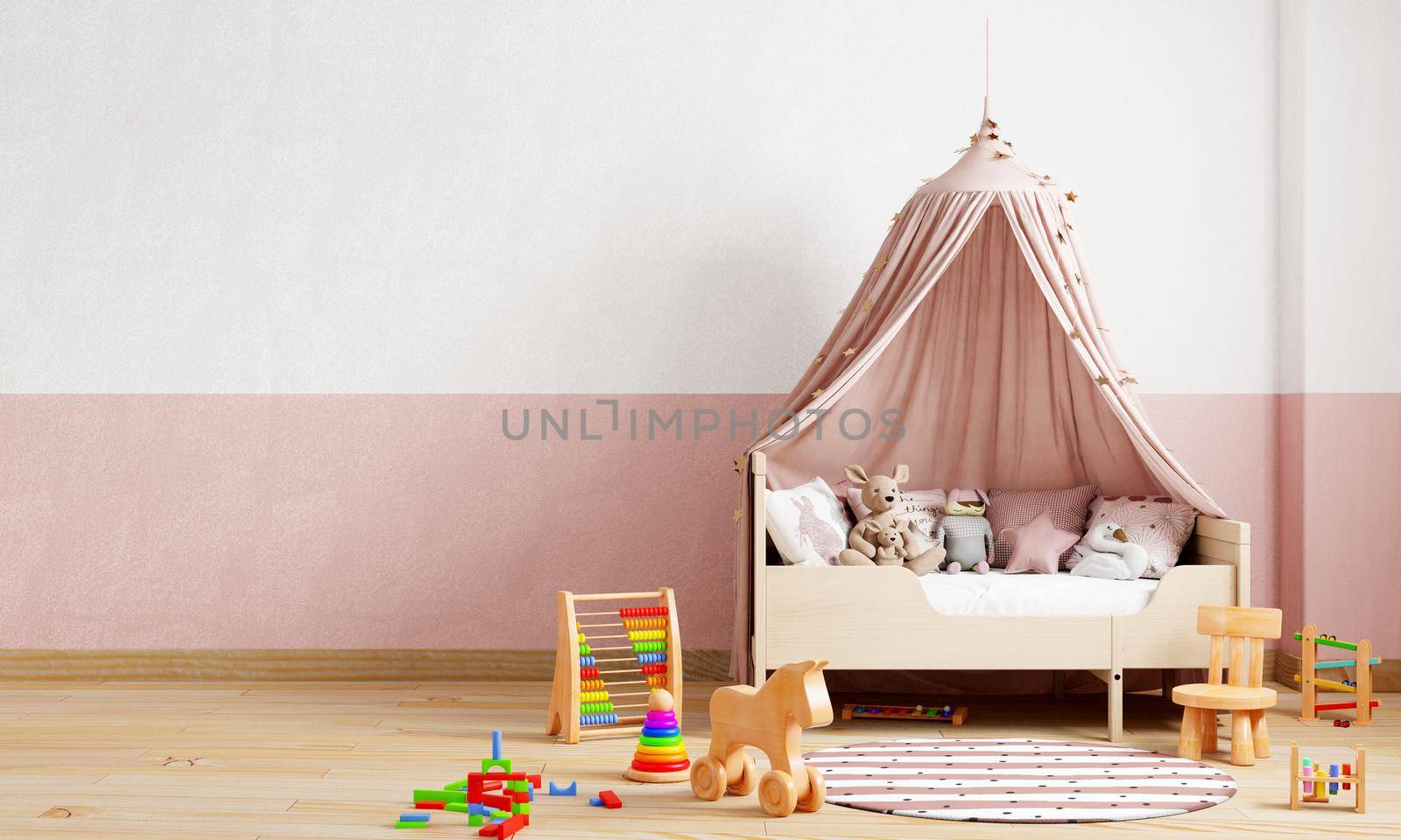 Kids room in pink and white tone color wall background. Interior and children's room nursery concept. 3D illustration rendering by MiniStocker