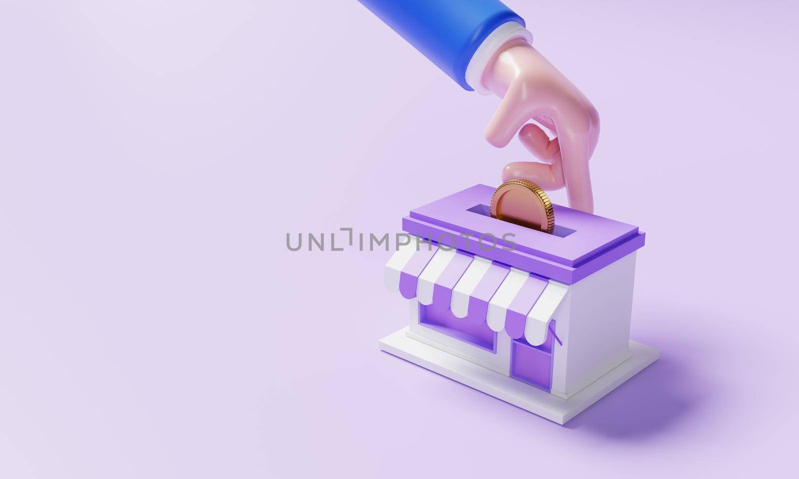 Collect money from a start-up business mini-mart that owns a business with businessman hand as an entrepreneur. Financial economy e-commerce and money-saving money concept. 3D illustration rendering