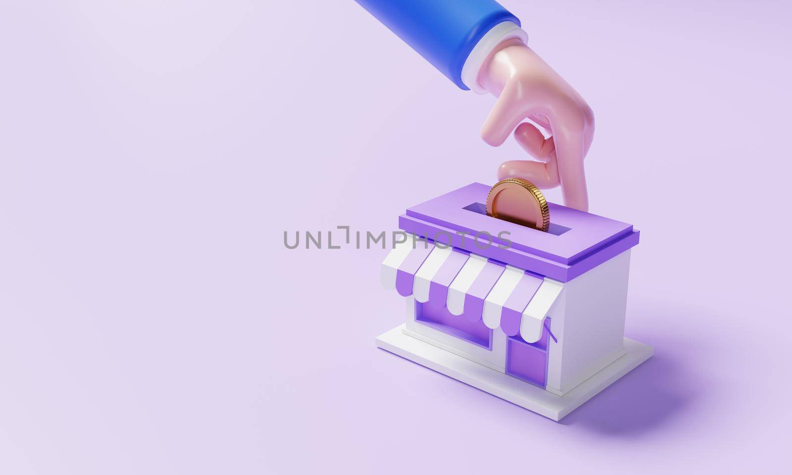 Collect money from a start-up business mini-mart that owns a business with businessman hand as an entrepreneur. Financial economy e-commerce and money-saving money concept. 3D illustration rendering by MiniStocker