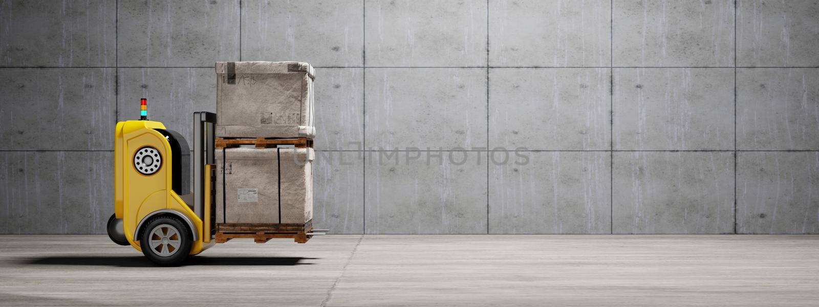 Driverless car forklift robot lifting and moving pallets cardboard box to storage room. Business industrial and production concept. and a 3D illustration rendering