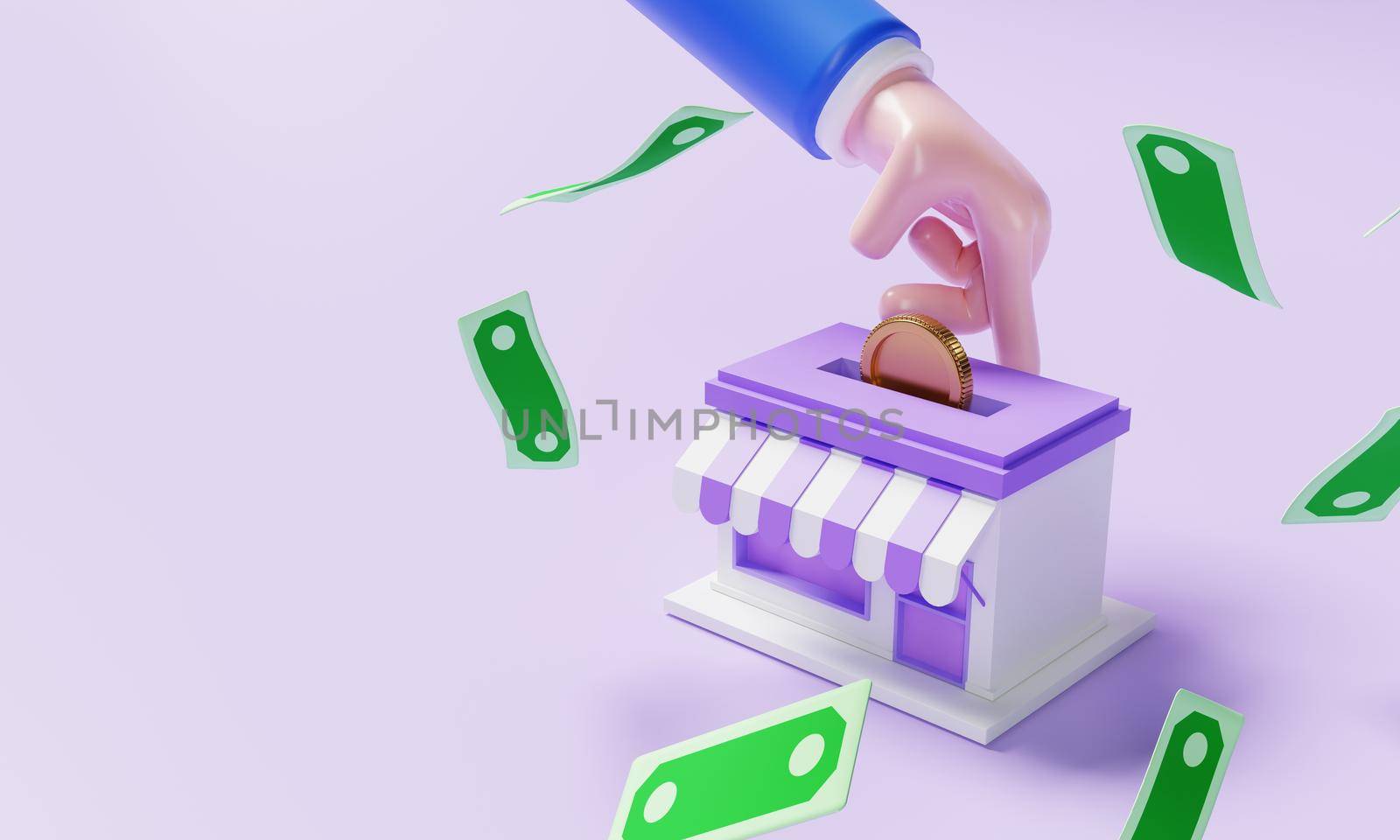 Collect money coins and banknotes from a start-up business that owns a business with the hands of a businessman as an entrepreneur. Financial and saving money concept. 3D illustration rendering