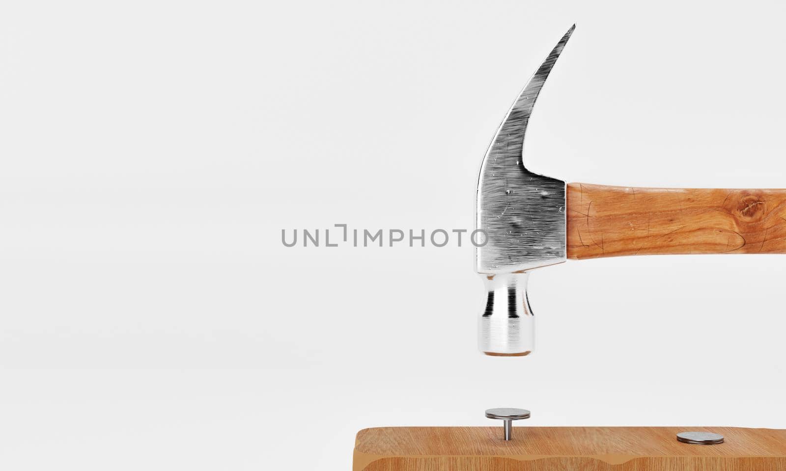 Hammer and nail head at wooden plank on isolated white background with copy space. Woodcraft and carpenter industrial concept. 3D illustration rendering