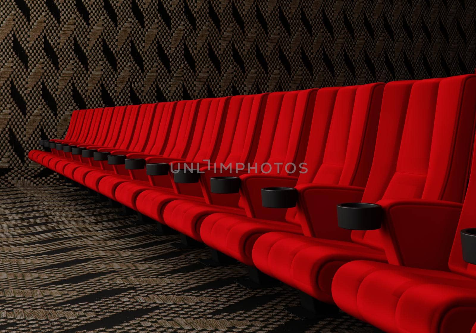 Rows of red velvet seats watching movies in the cinema with copy space banner background. Entertainment and Theater concept. 3D illustration rendering