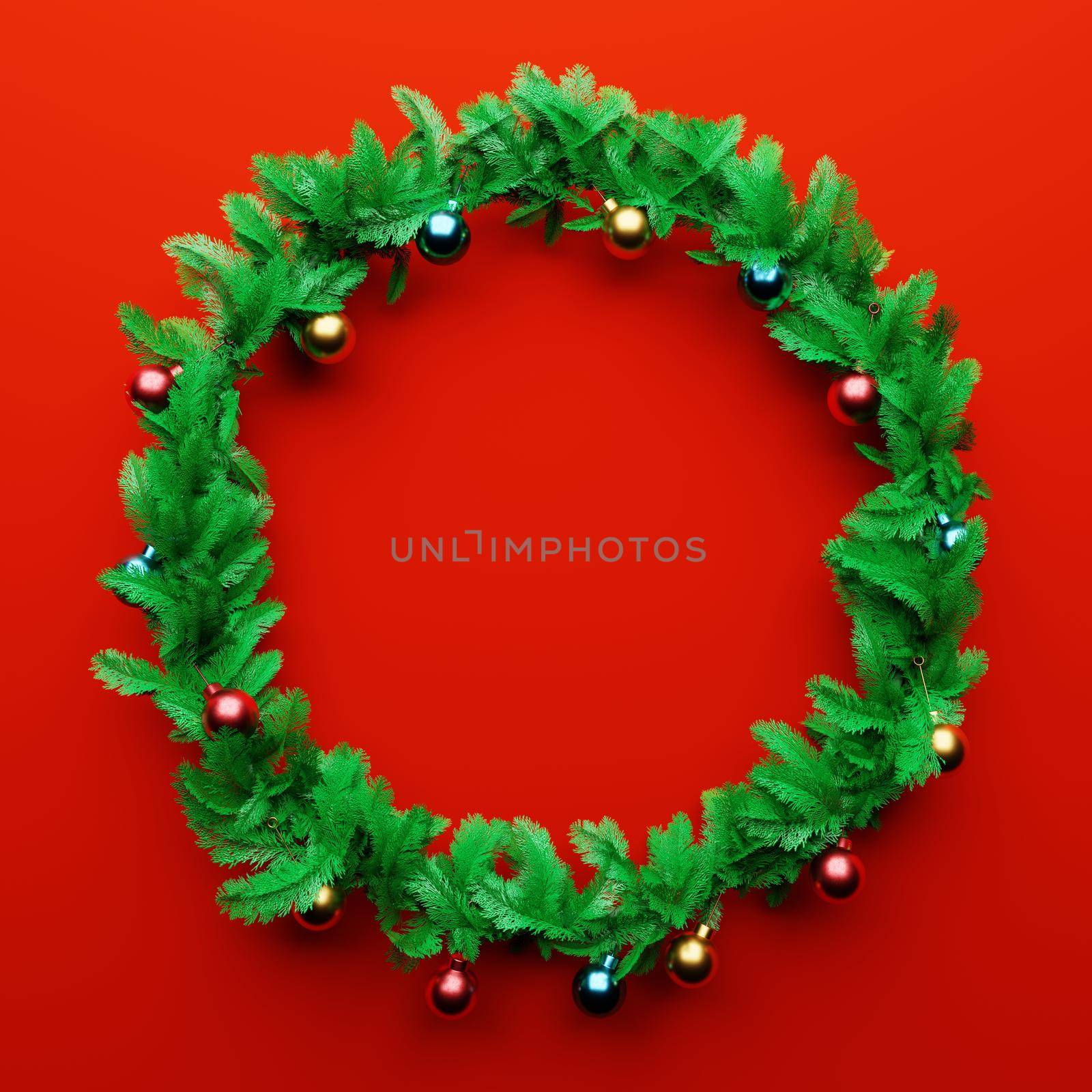 Christmas garland pine decoration with empty space in the middle on red background. Xmas holiday culture and new year concept. 3D illustration rendering