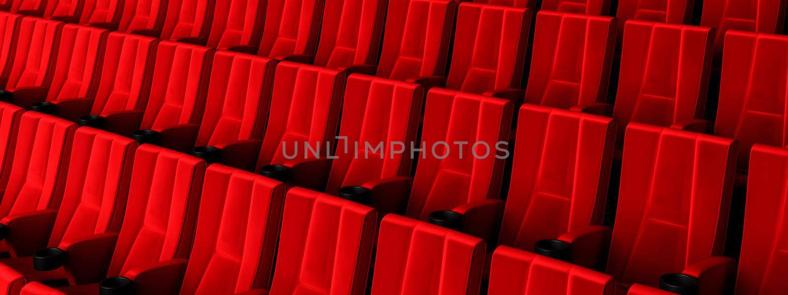 Rows of red velvet seats watching movies in the cinema with copy space banner background. Entertainment and Theater concept. 3D illustration rendering by MiniStocker