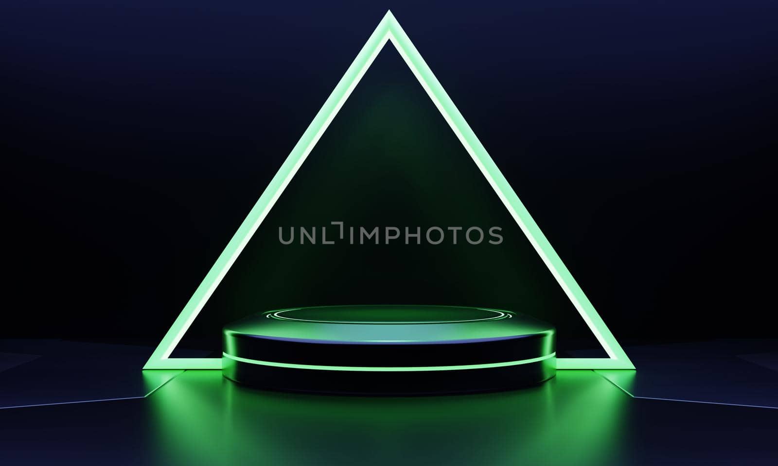 Modern product showcase sci-fi podium with green glowing light neon background. Technology and object concept. 3D illustration rendering