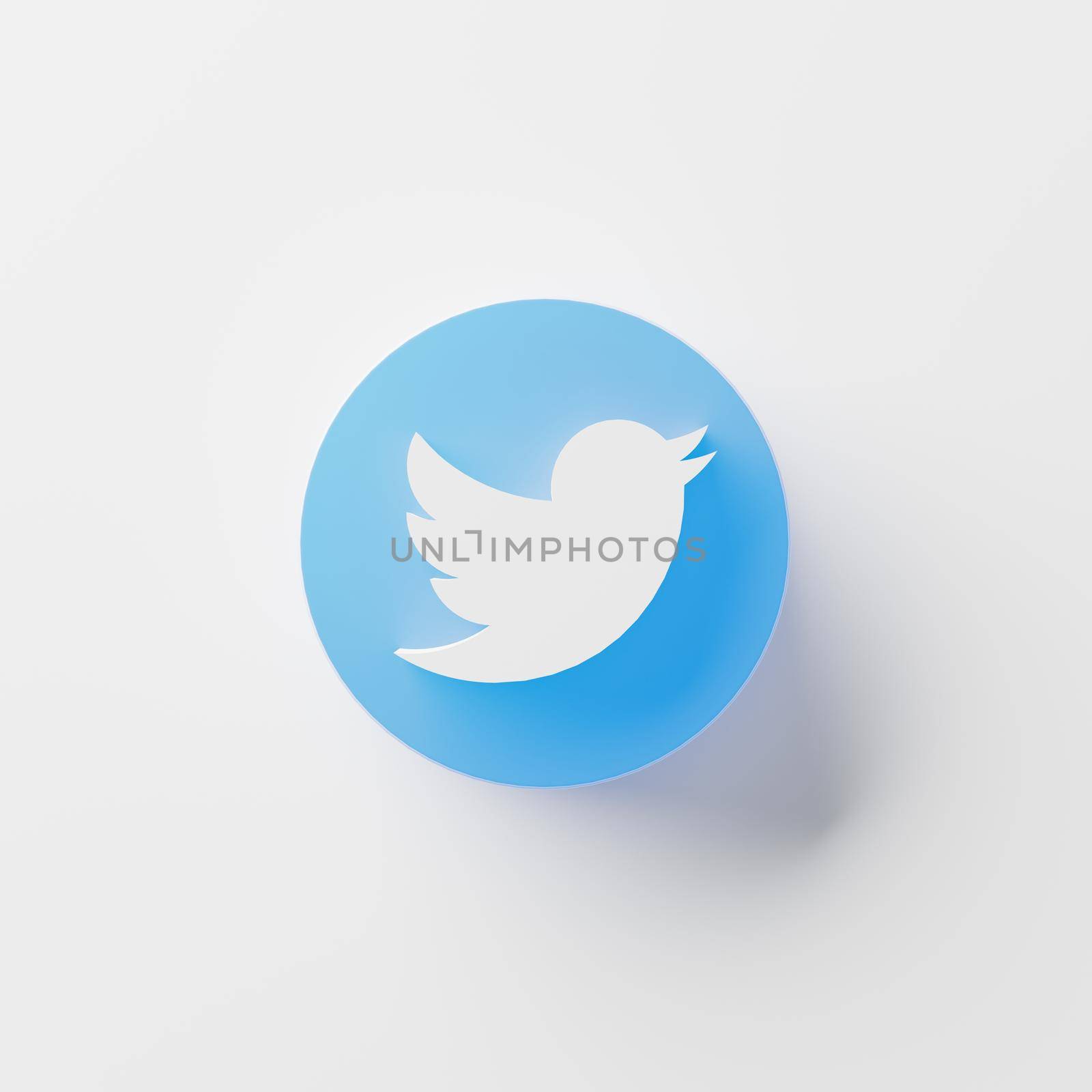 Chonburi, Thailand - Apr 15, 2021: A close up Twitter logo icon on isolated white background. Twitter is largest social media mobile app in the world, shallow depth of field. 3D illustration rendering