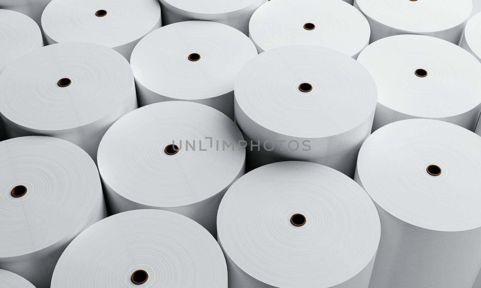White paper rolls production industrial factory background. Business and Manufacturing concept. 3D illustration rendering