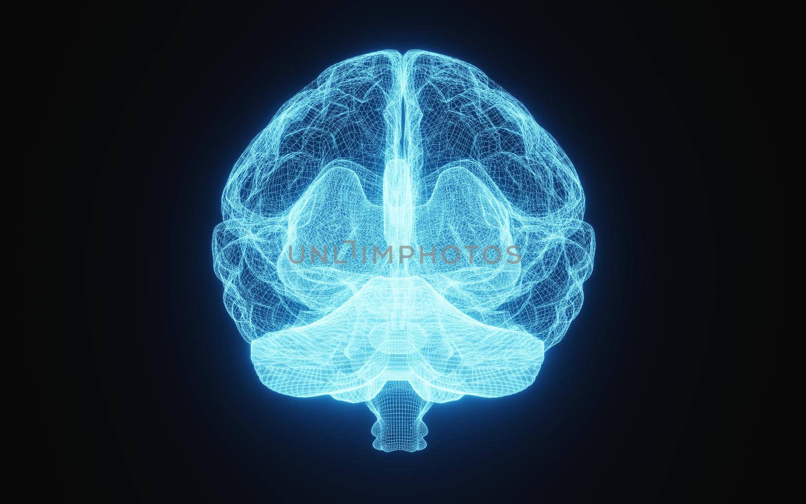 Glowing X-ray image of human brain in blue wireframe on isolated black background. Science and medical concept. In front of brain. 3D illustration rendering