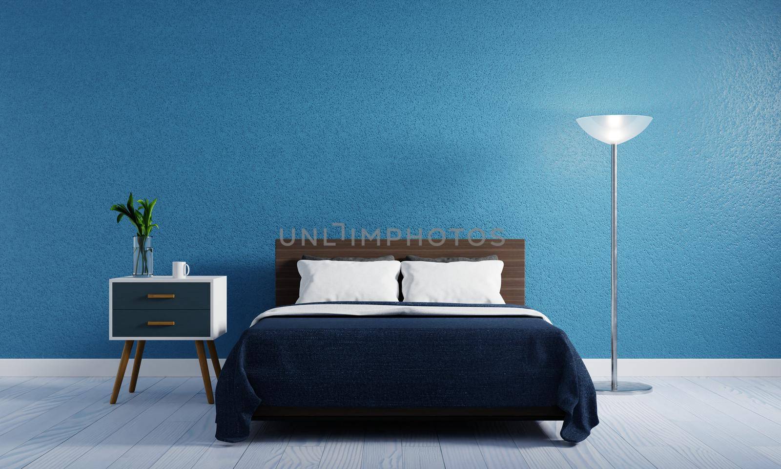 Blue bedroom with bed lamp. Interior and Architecture concept. 3D illustration rendering
