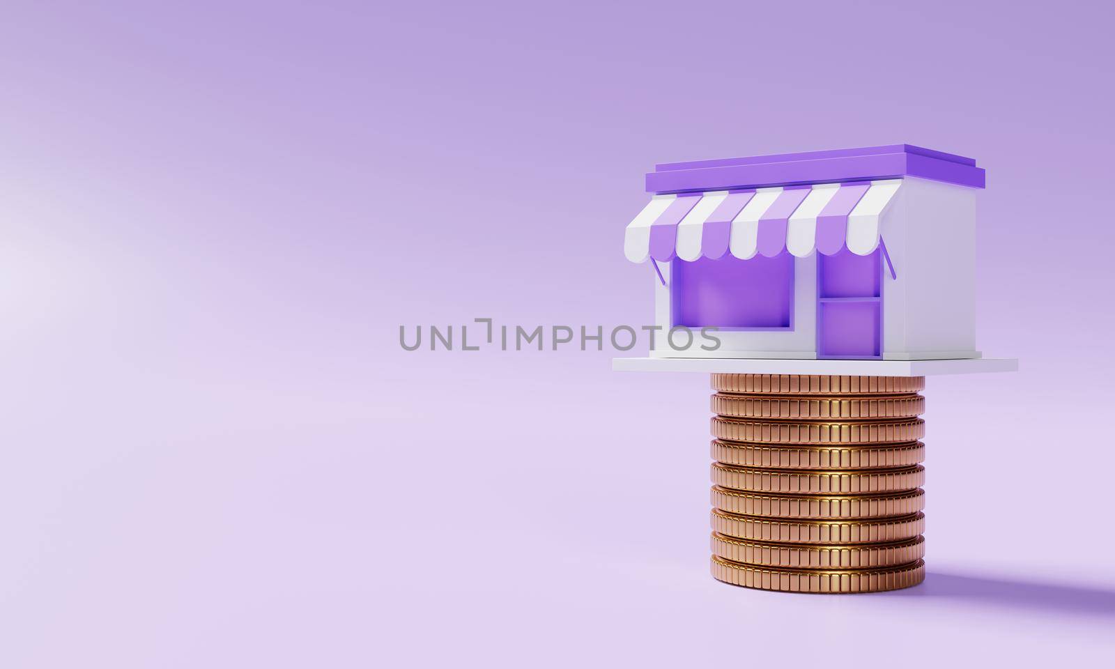 Supermarket store on stacking golden coins on purple background. Financial and economic concept. 3D illustration rendering by MiniStocker