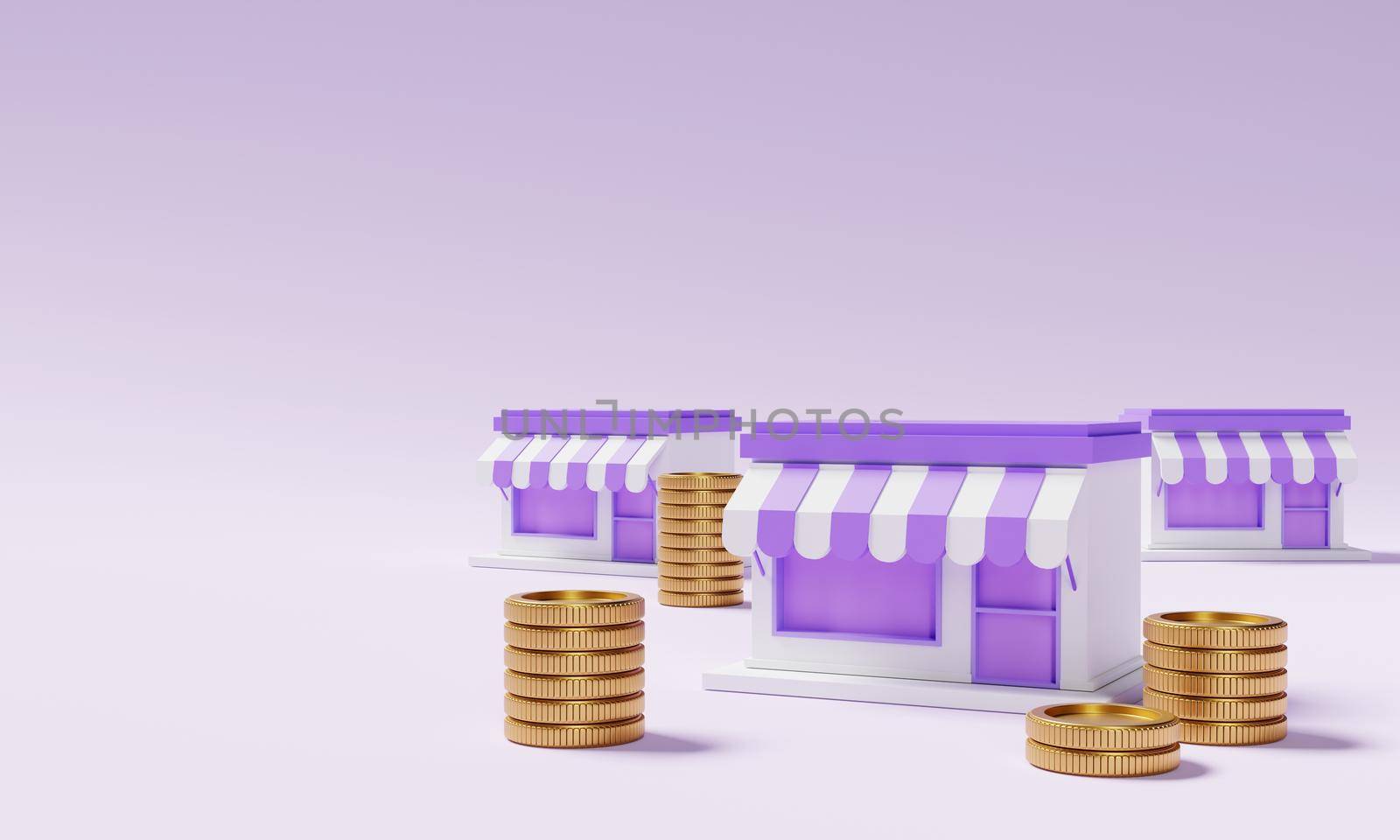 Supermarket store with stacking golden coins on purple background. Financial and economic concept. 3D illustration rendering