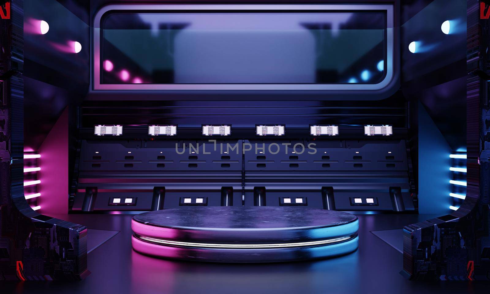 Cyberpunk sci-fi product podium showcase in empty spaceship room with blue and pink background. Cosmos space technology and entertainment object concept. 3D illustration rendering