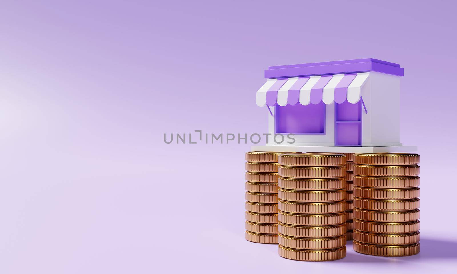 Supermarket store on stacking golden coins on purple background. Financial and economic concept. 3D illustration rendering