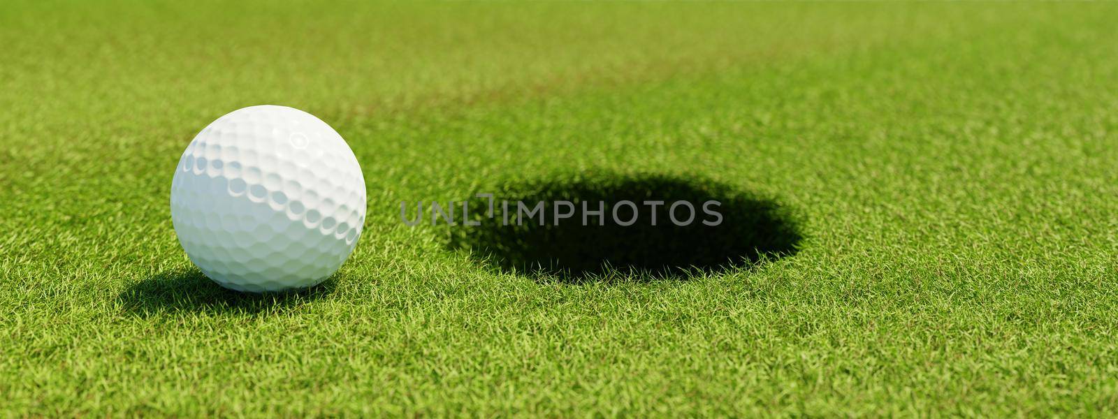 Golf ball on grass in fairway with hole on green background. Sport and athletic concept. 3D illustration rendering by MiniStocker