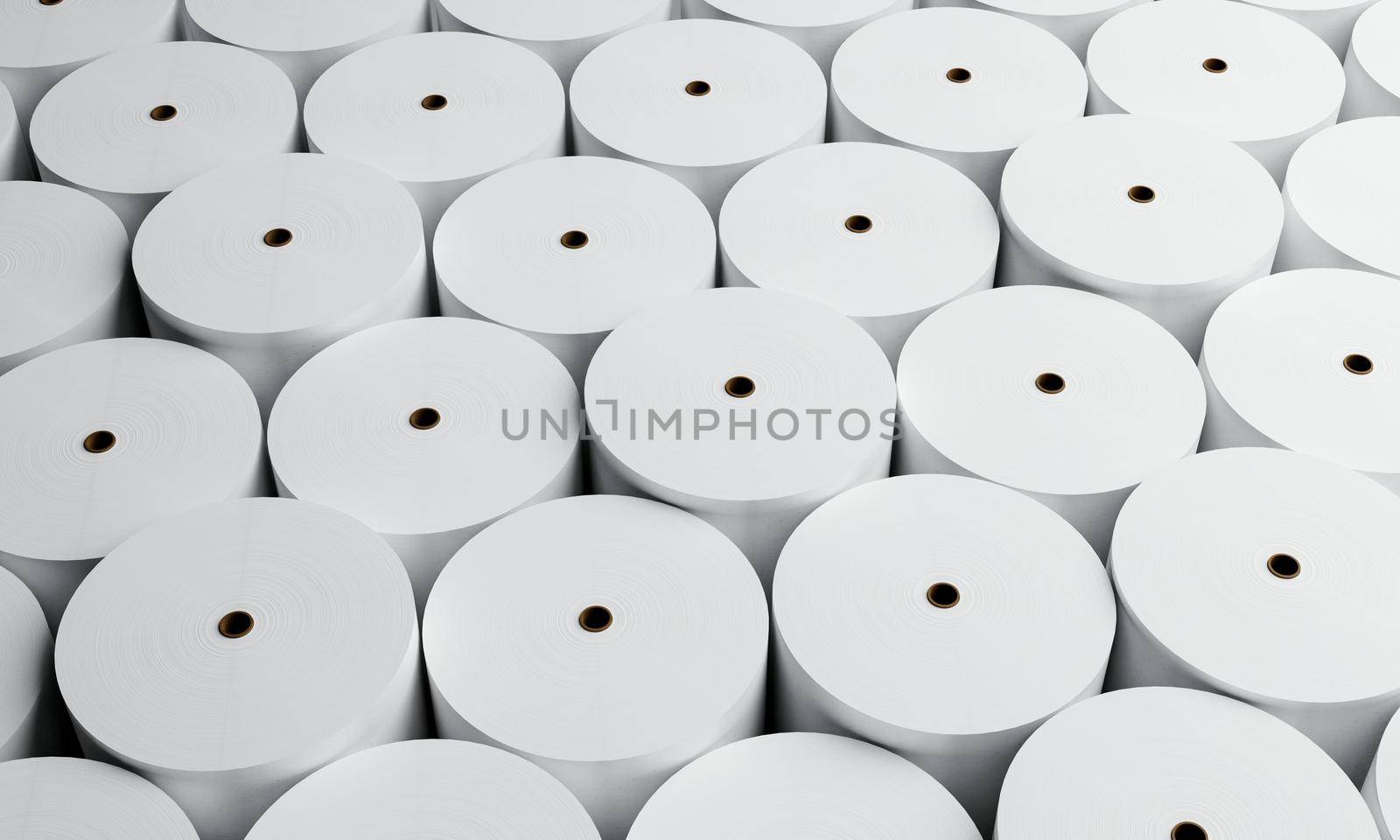 Group of white paper rolls in industrial factory for storage background. Production and manufacturing concept. 3D illustration rendering