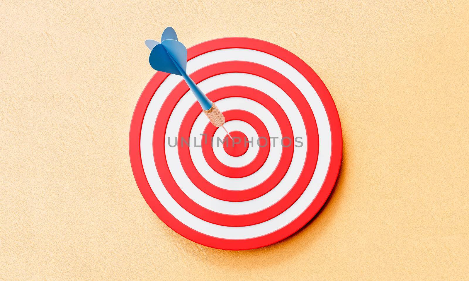 Dartboard and dart on center of target on yellow background. Business success and strategy concept. 3D illustration rendering