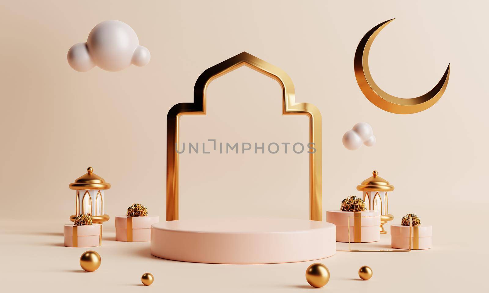 Minimal product podium in Ramadan or Eid Mubarak Islamic traditional culture style on coral color background. Holiday and Arabian festival concept. 3D illustration rendering