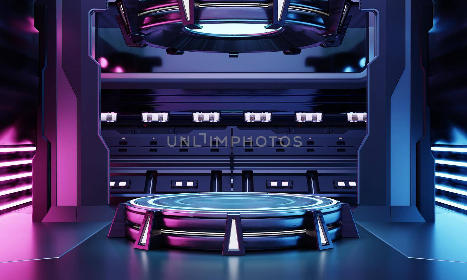 Cyberpunk sci-fi product podium showcase in empty spaceship room with blue and pink background. Cosmos space technology and entertainment object concept. 3D illustration rendering