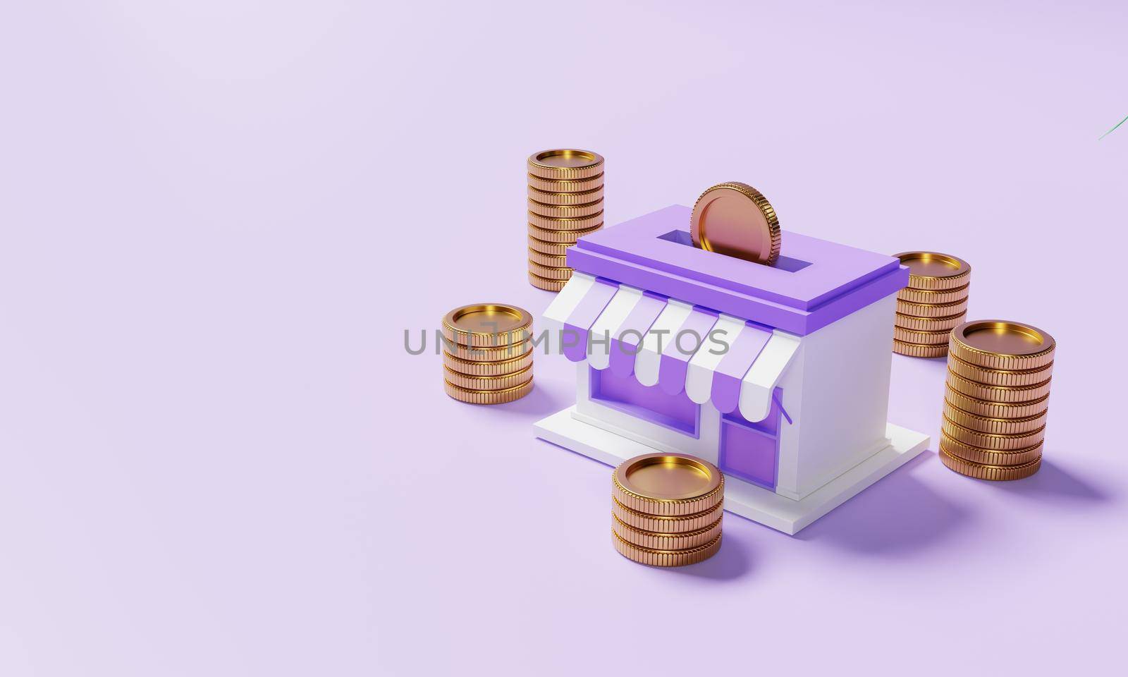 Supermarket store with stacking golden coins on purple background. Financial and economic concept. 3D illustration rendering