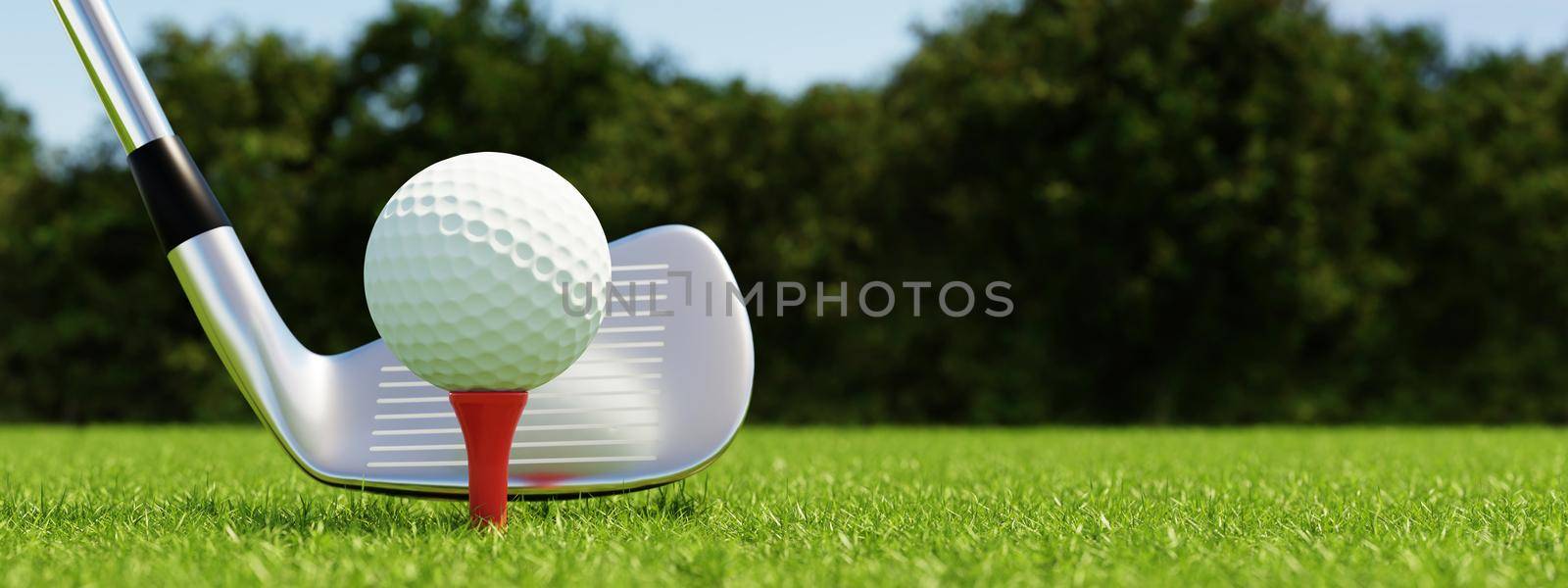 Golf ball on tee and golf club with fairway green background. Sport and athletic concept. Banner for advertising with copy space. 3D illustration rendering