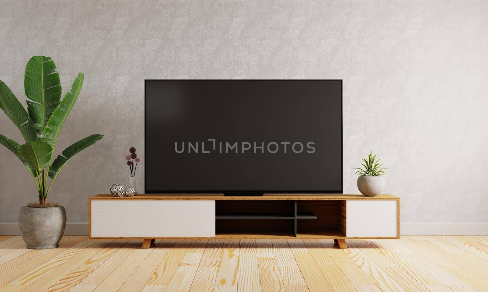 Television on cupboard on the middle of modern living room background. Interior and Architecture concept. 3D illustration rendering