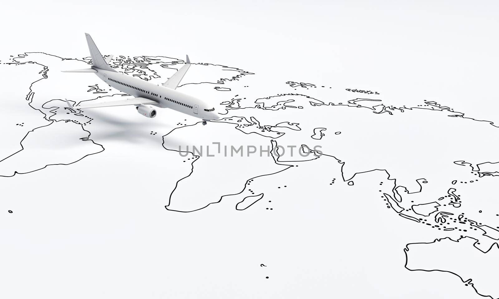 Plane flies above white paper map of the world travel background. Travel and wanderlust concept. 3D illustration rendering