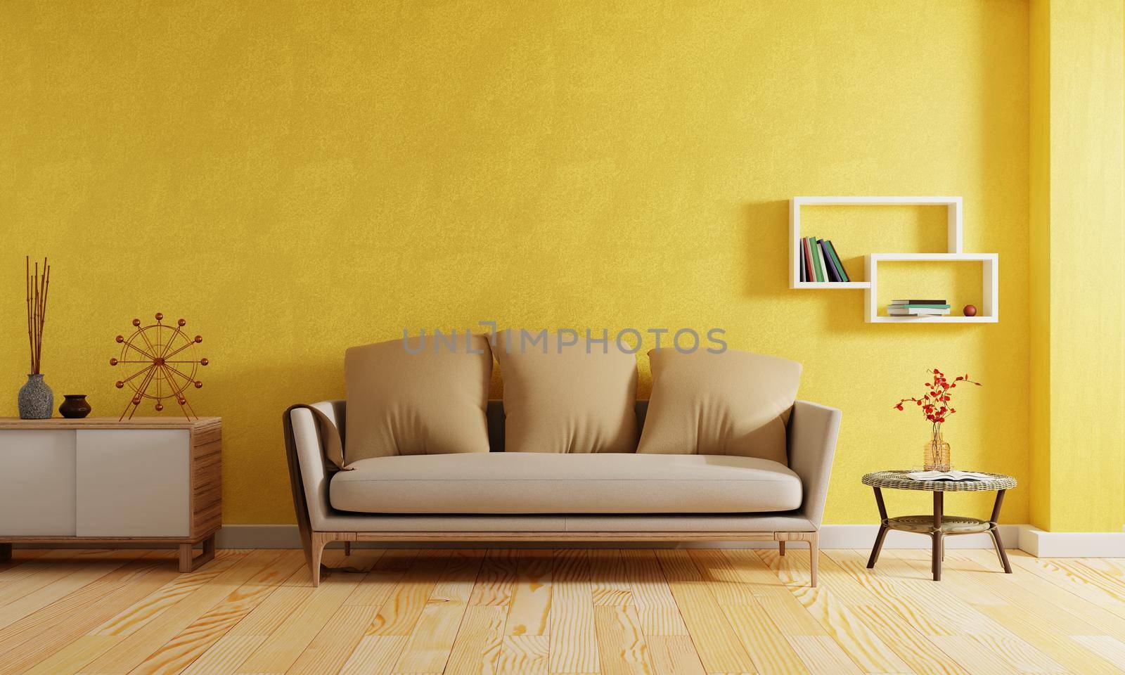 Modern living room in yellow tone color style background. Interior and architecture concept. 3D illustration rendering