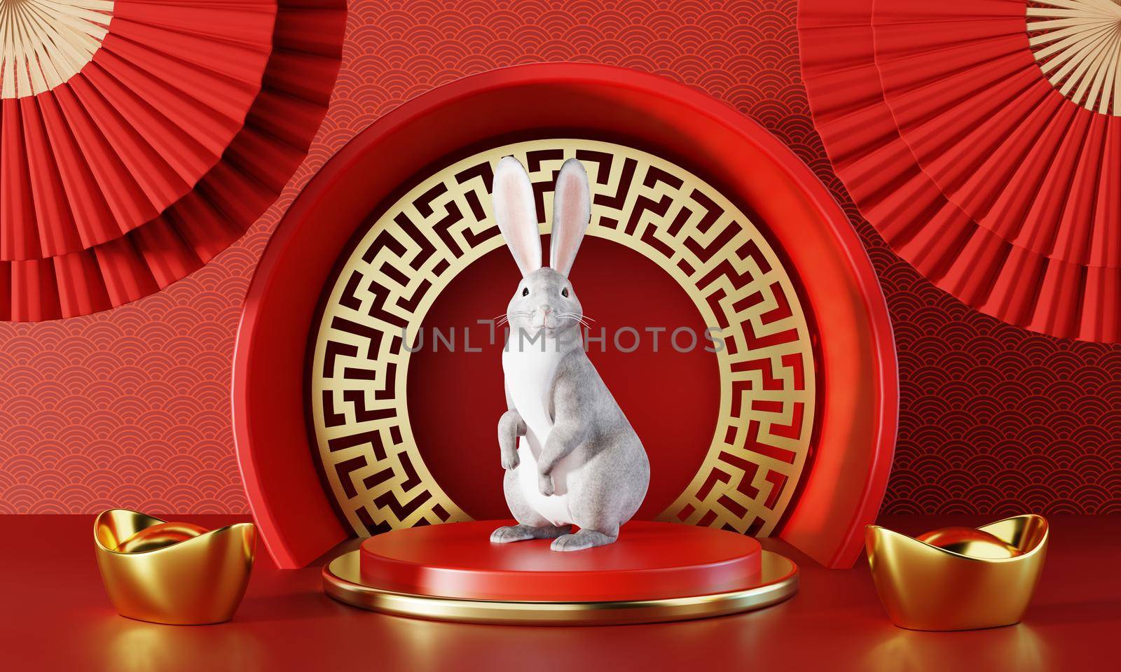 Chinese new year 2023 year of rabbit or bunny on red Chinese pattern with hand fan background. Holiday of Asian and traditional culture concept. 3D illustration rendering