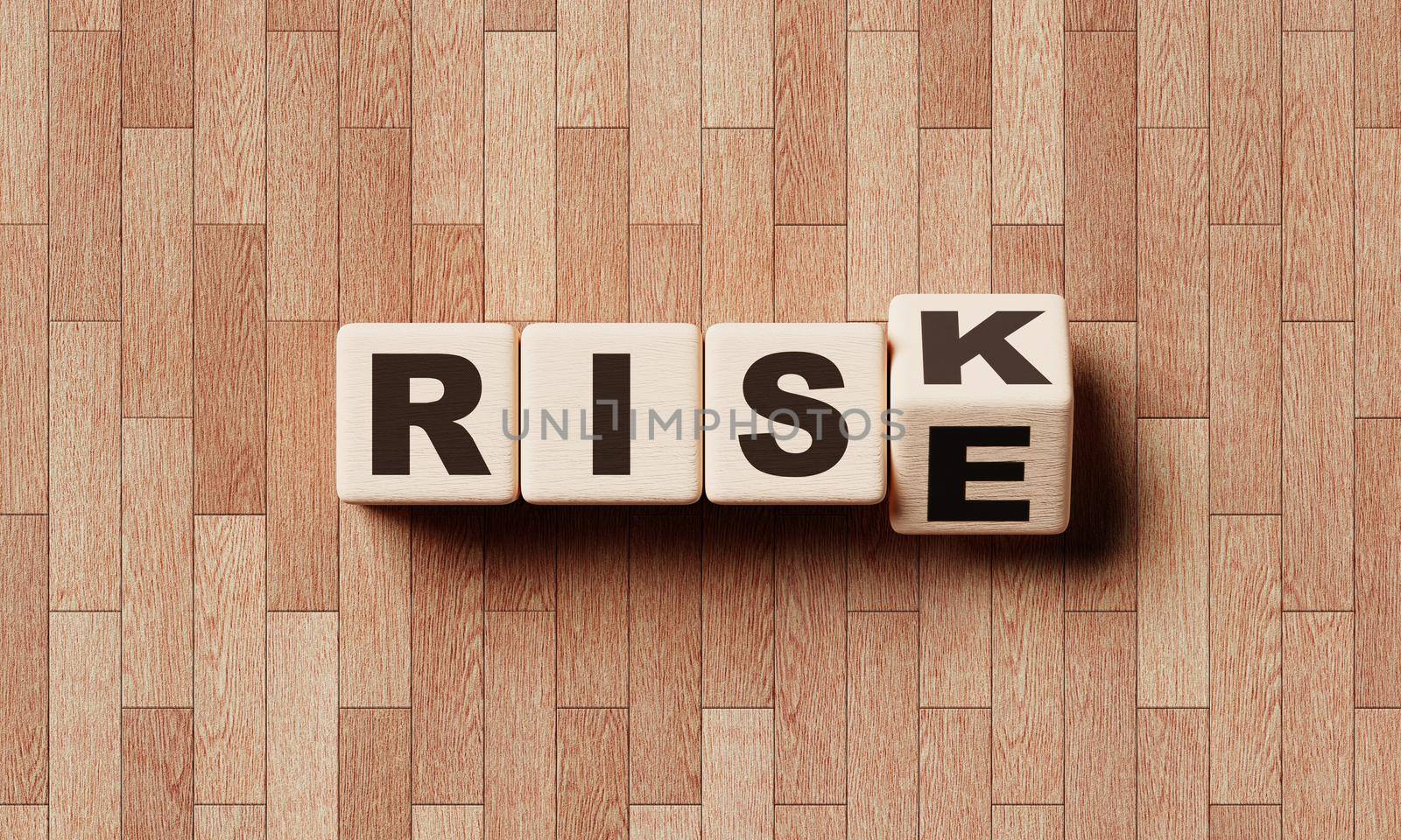 Risk and rise wooden block cube on laminate floor. Financial risk management and business economy growth performance concept. Planning strategies and achieving goals theme. 3D illustration rendering by MiniStocker