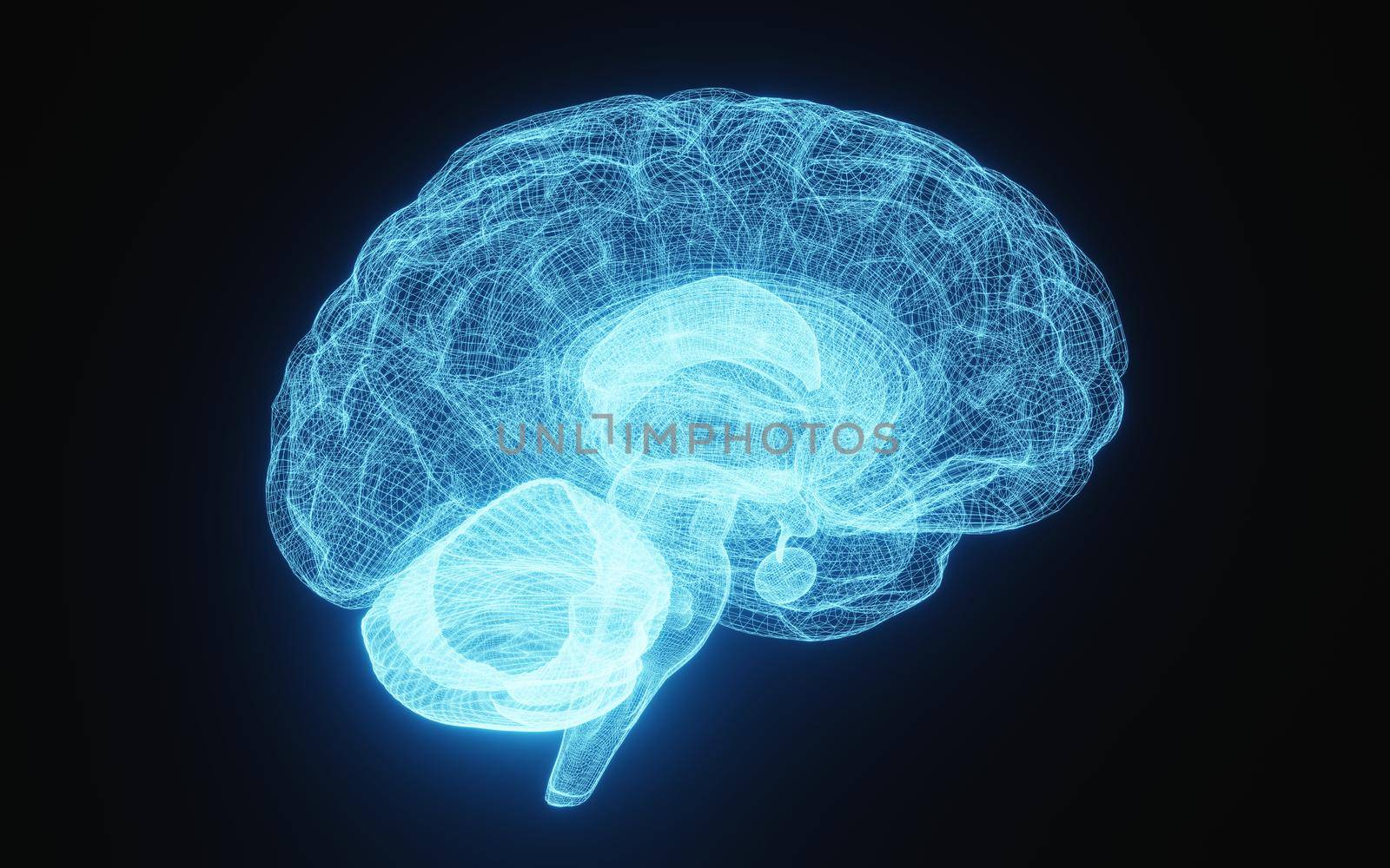 Glowing X-ray image of human brain in blue wireframe on isolated black background. Science and medical concept. Side of brain. 3D illustration rendering by MiniStocker