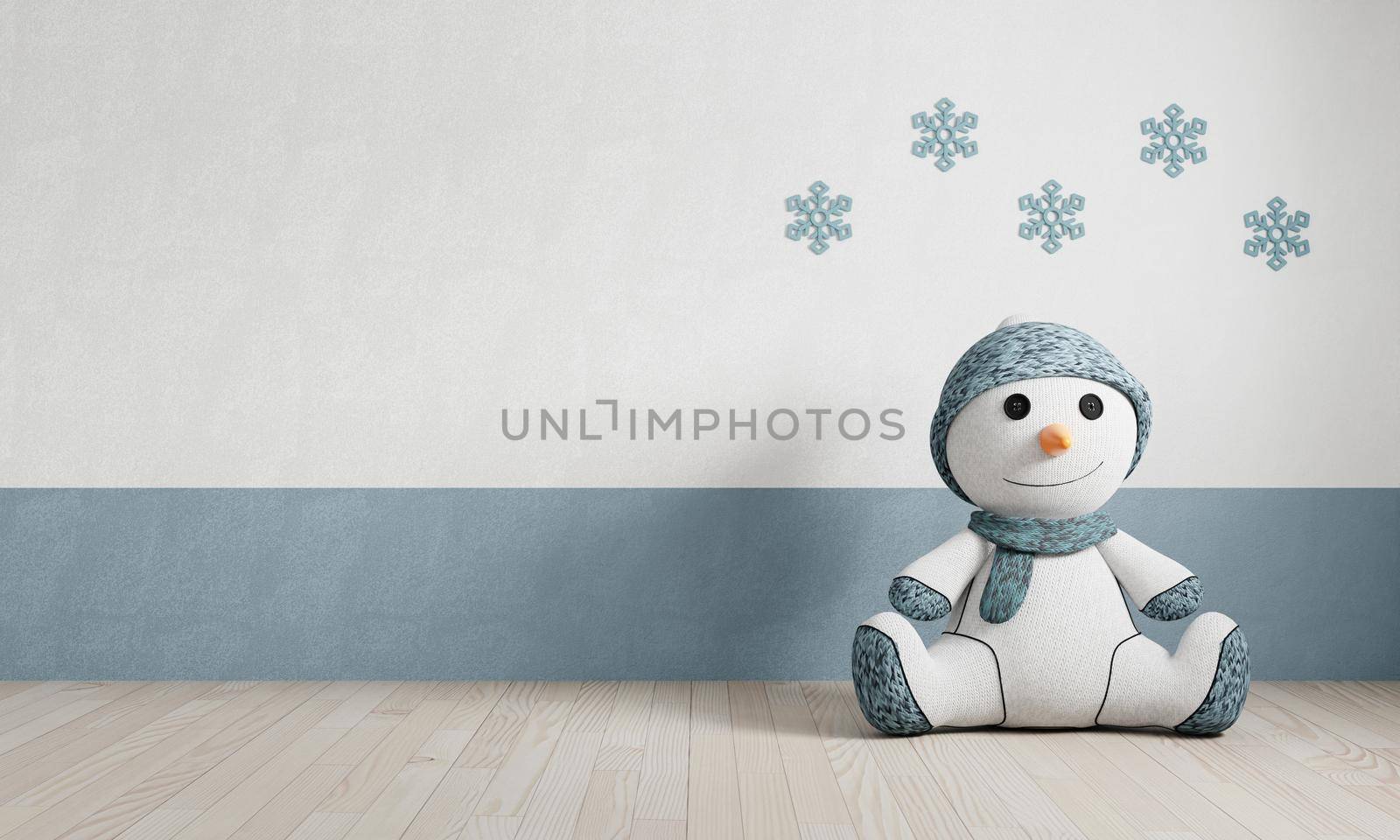 Snowman doll with snowflake wallpaper in empty room with copy space background. Interior and kids room concept. 3D illustration rendering