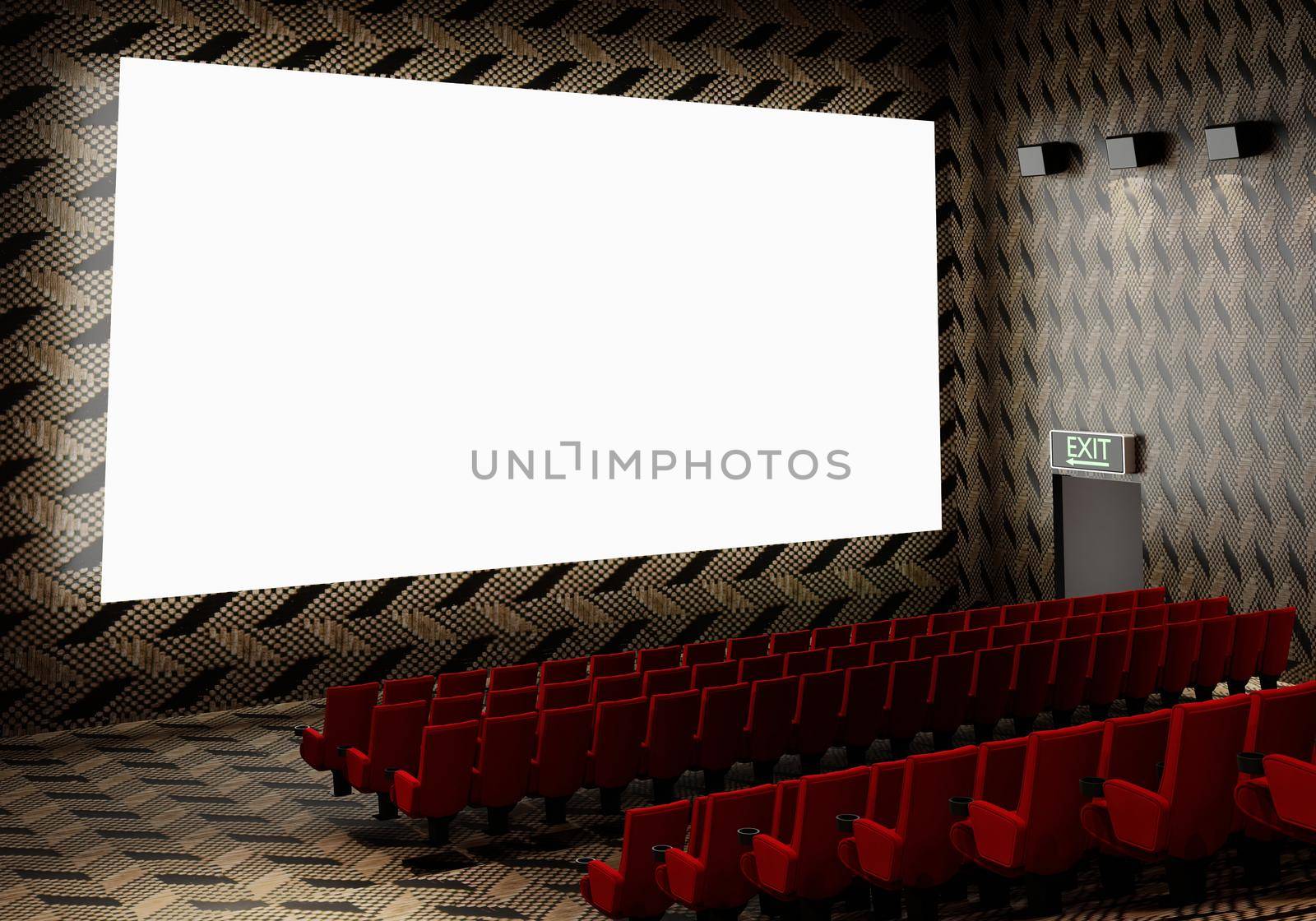 Blank white luminous cinema movie theatre screen with realistic red rows of seats and chairs with empty copy space background. Movie premiere and Entertainment concept. 3D illustration rendering