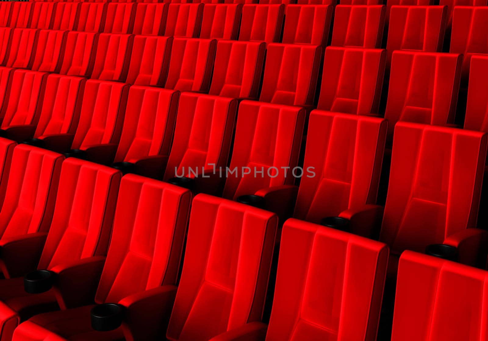 Rows of red velvet seats watching movies in the cinema with copy space banner background. Entertainment and Theater concept. 3D illustration rendering