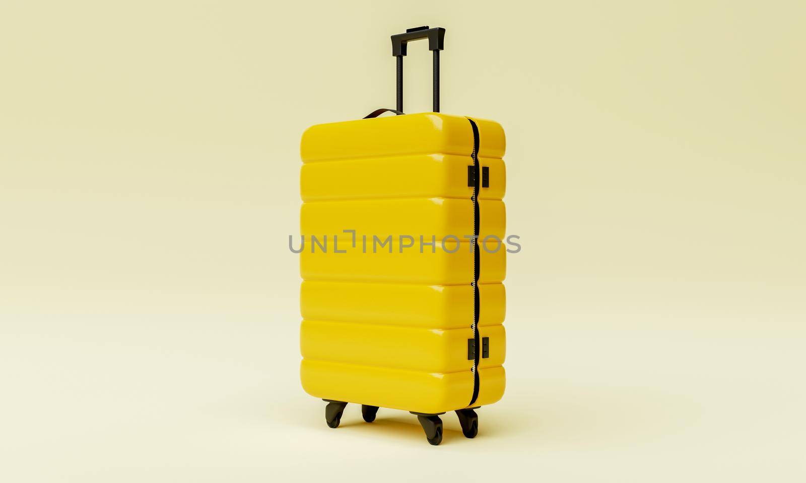 Yellow trolley suitcase on isolated background. Travel object and wanderlust concept. 3D illustration rendering