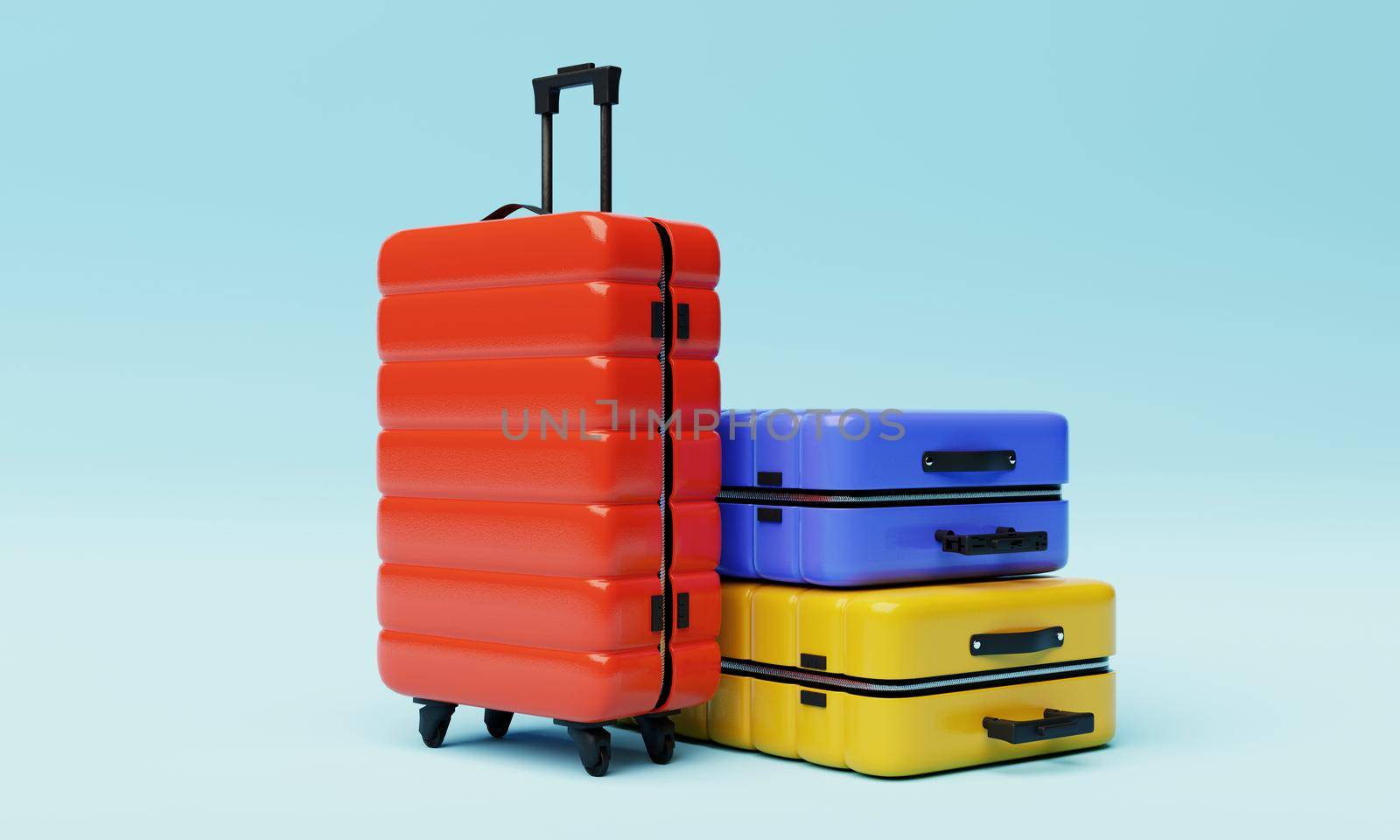 Colorful trolley suitcases on light blue background. Travel object and wanderlust concept. 3D illustration rendering